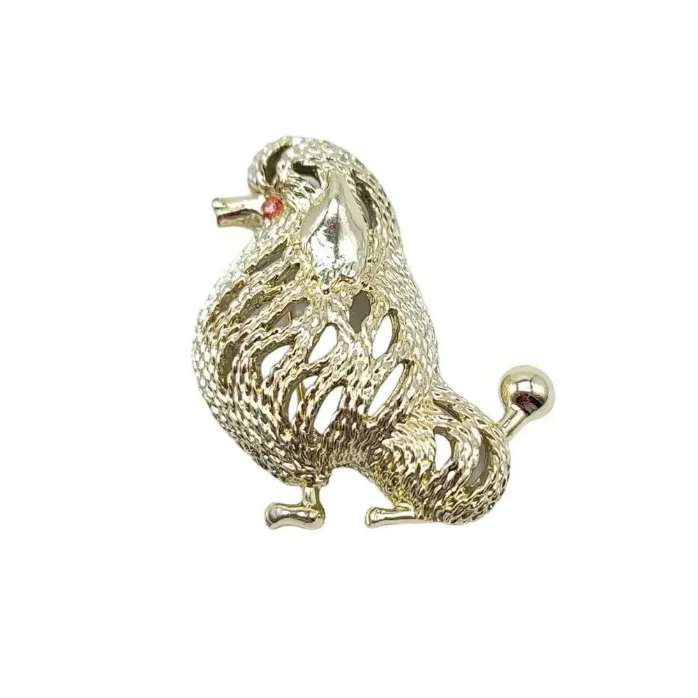 Sarah Coventry Poodle Dog Suzette Brooch Pin Gold Tone Red Rhinestone Eye VTG